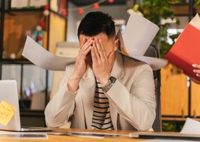 Stressed businessman overwhelmed by paperwork in office environment, demonstrating burnout.
